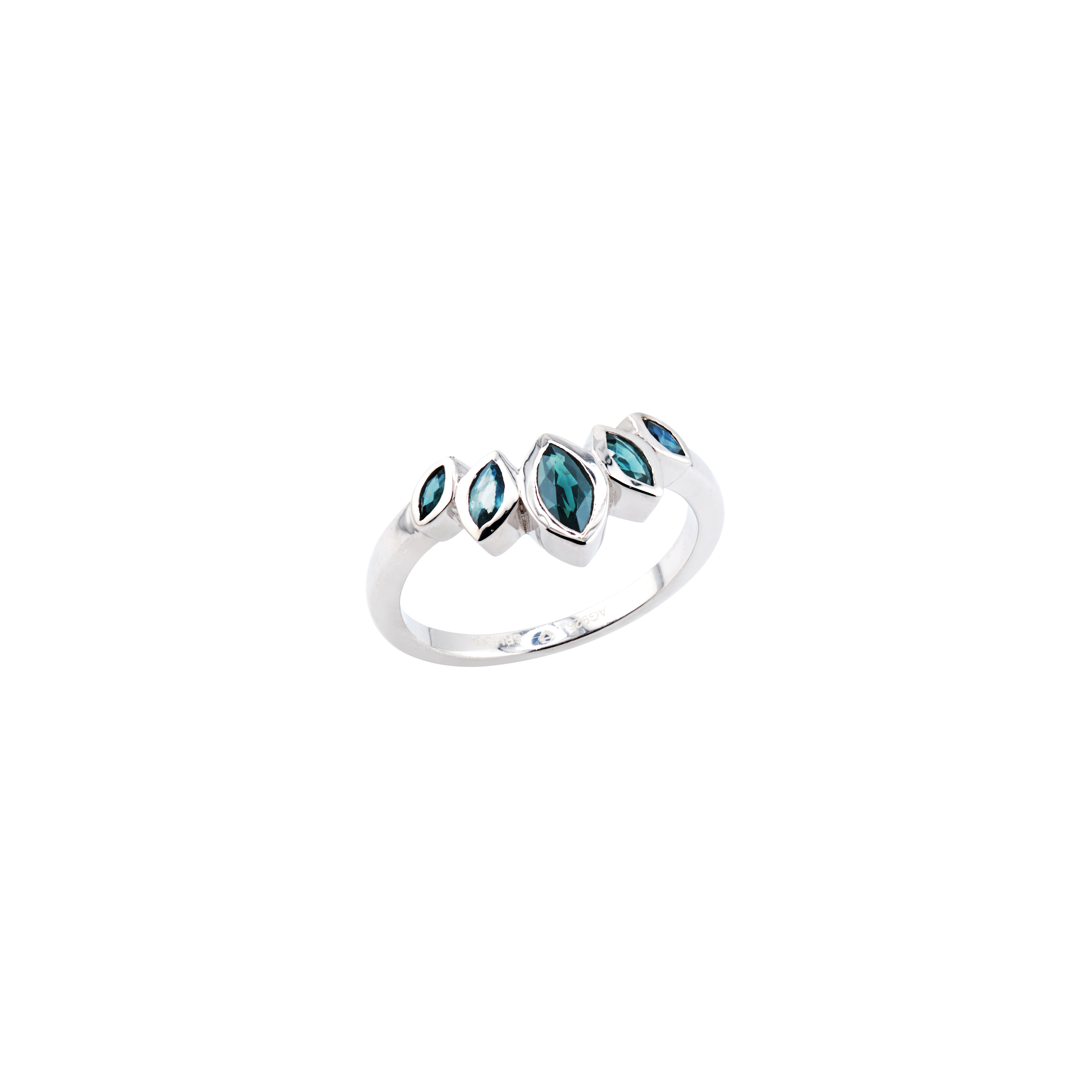 Marquise-Cut Teal Blue Sapphire Ring | 5-Stone Bezel-Set Band