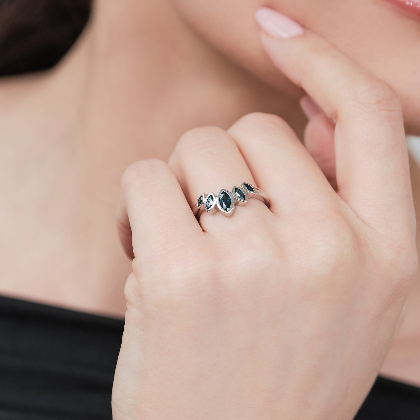 Marquise-Cut Teal Blue Sapphire Ring | 5-Stone Bezel-Set Band