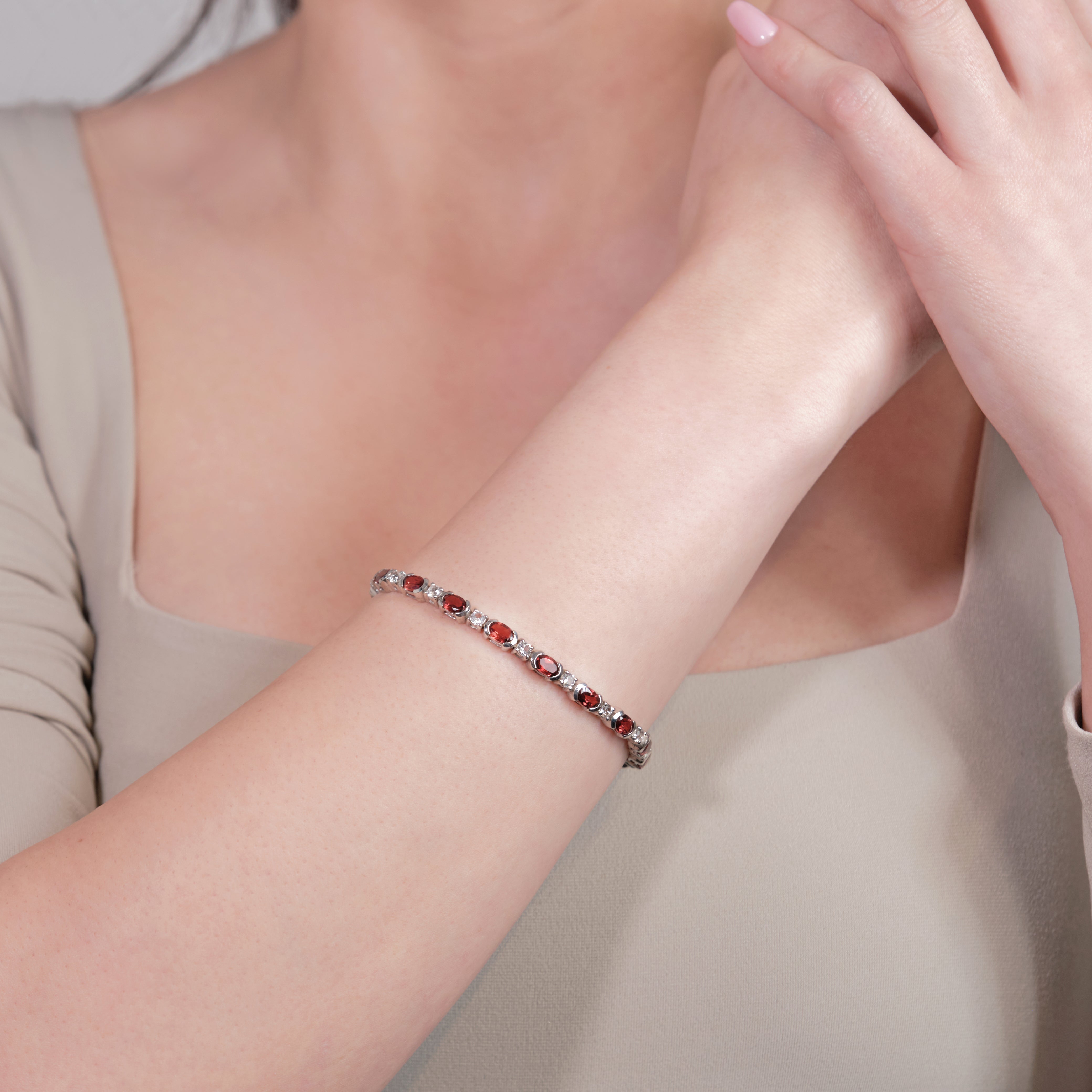 Red Garnet and White Topaz Silver Tennis Bracelet